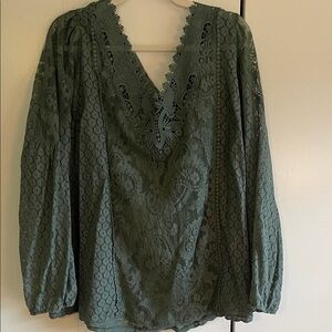 NWT. Torrid size 1 Lace V-Neck Blouse - Olive. Will need to wear a cami under.